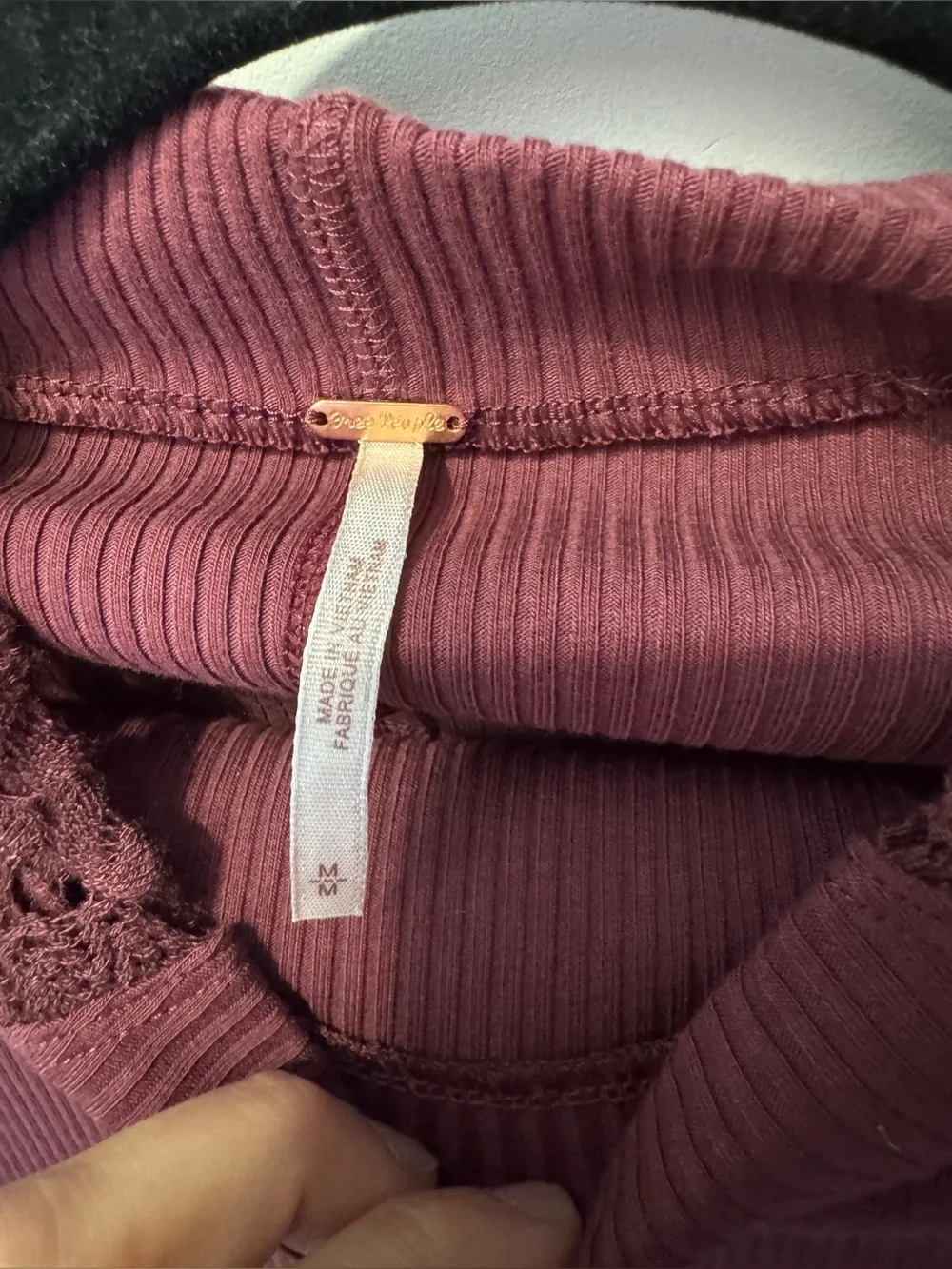 Free People Ribbed Mock Neck Sweater with Crochet Raglan Sleeves - Plum